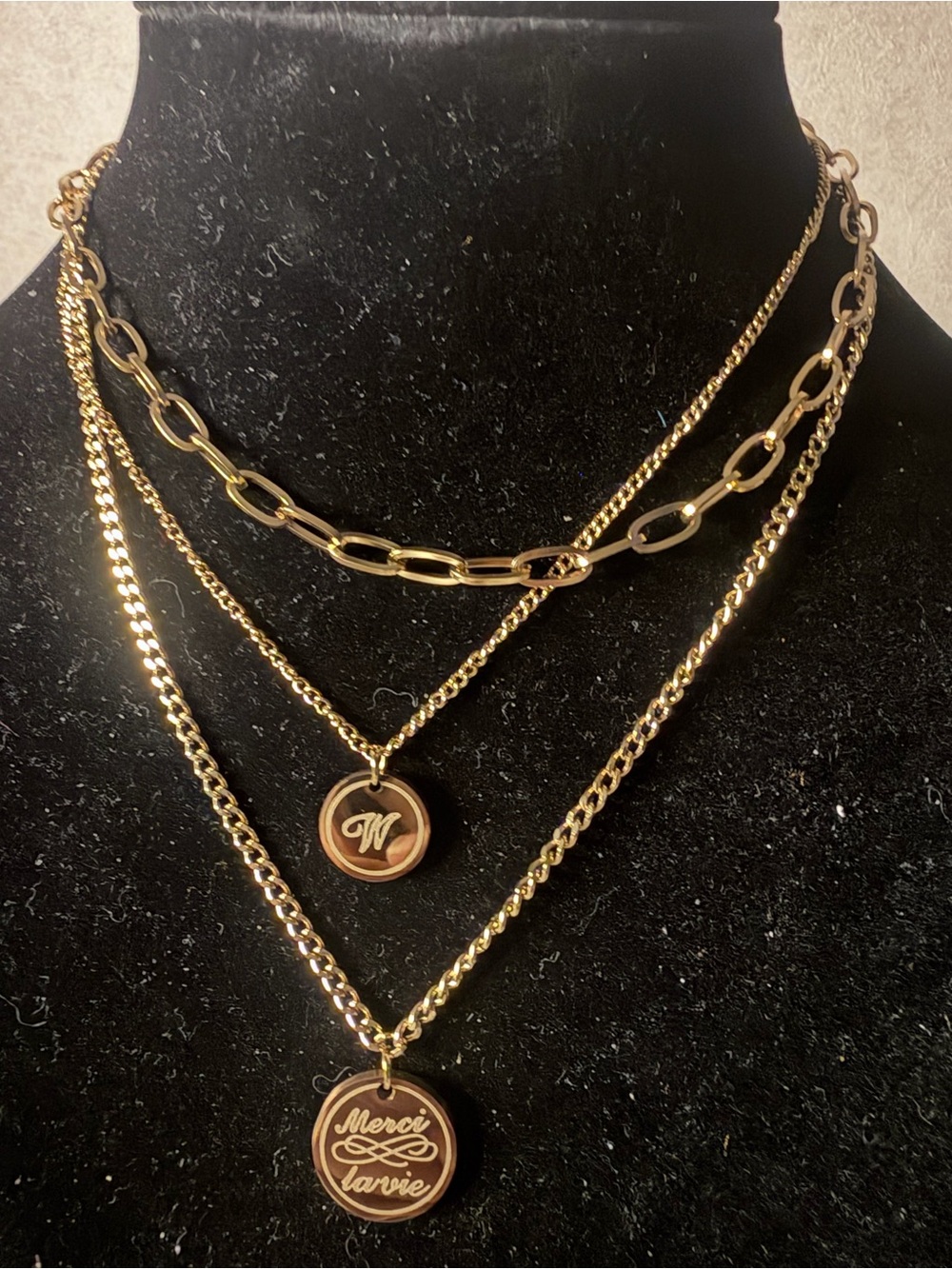 Layered Gold-Tone Pendant Necklace Set - Merci/Monogram Medallions